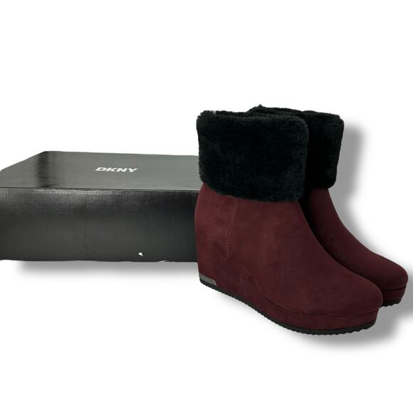 NEW DKNY Red Wedge Boots Size 5.5 Merlot Maroon Faux Fur Winter Booties Heels - Picture 3 of 12